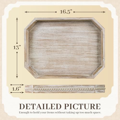 Wooden Decorative Tray, Rustic Serving Tray with Wood Bead, Farmhouse Big Tray for Ottoman, Countertop, Coffee Tabl, 16.5" x 13"x 1.6" (White Washed) - Image 2