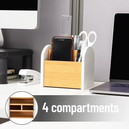 Mind Reader Desktop Organizer with 3 Compartments, Natural Wood and Matte Finish Sides, Compact Desk Storage, Wood, White - Image 4