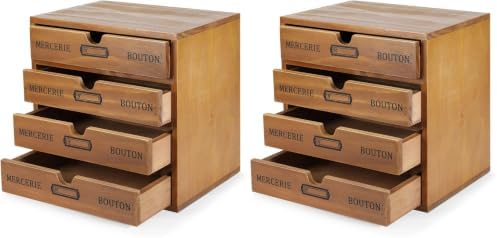 Flexzion Wood Desktop Organizer with Drawers, Desktop Storage Drawers Wood Cabinet, 4-Drawer Wooden Card Catalog Cabinet for Office, Crafts, Jewelry, Stationery, Vintage Brown (Pack of 2) by Flexzion