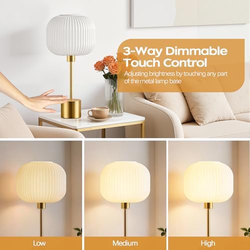 QiMH Glass Table Lamp for Living Room, Modern Bedside Lamp with Gream Ribbed Glass Shade, 3-Way Dimmable Touch Control Nightstand Lamp for Bedroom, Brushed Gold (2700K LED Bulb Included) - Image 2