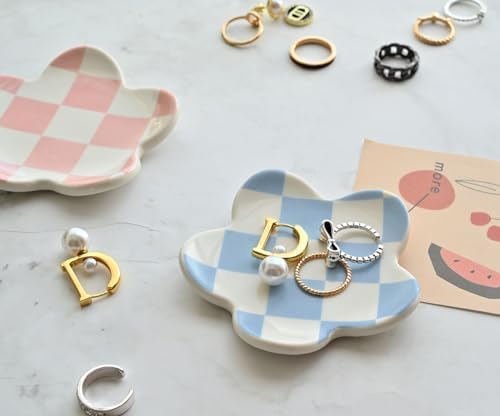 Blue Checkered Jewelry Dish, Cute Ceramic Flower Trinket Tray for Rings & Earrings, Trendy Teen Girls Birthday Gifts, Aesthetic Room Decor for Nightstand Vanity Bathroom Sink & Dorm Desk, 3.8" - Image 2