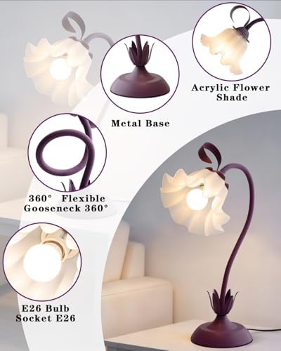 WERFOP Flower Table Lamp Cute Desk Lamp for Bedroom Home Decor (Purple) - Image 3