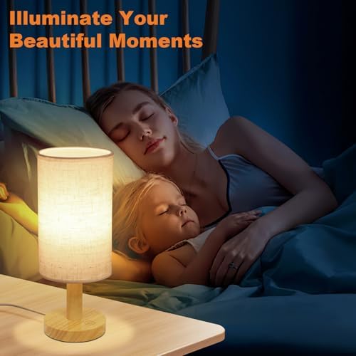 Small Touch Table Lamps Set of 2 with Stepless Dimming&USB Plug, Natural Round Wood Base & Linen Fabric Shade |Soft Ambient Night Light |Minimalist Boho Bedside Lamp for Bedroom,Nursery,Kitchen,Dorm - Image 4