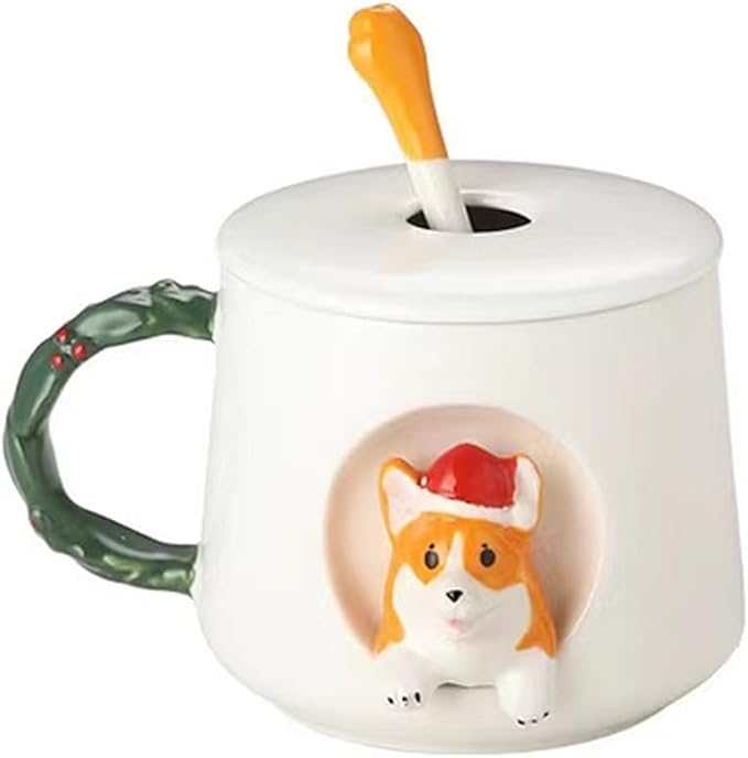 Cute Dog Couple Cup, Ceramic Coffee Mug with a Lid, Family Cup, Office Cup, Concave wood grain pattern handle, Cute Shiba Lnu Three-dimensional Design, with Matte Texture(420ML) (White Hat)