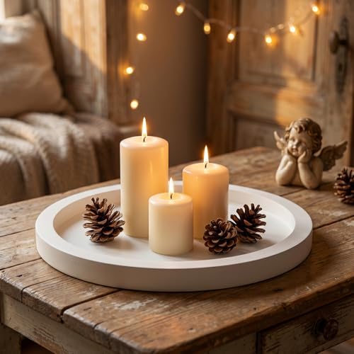 Round Candle Plate Holder White Wooden Coffee Table Tray Kitchen Decor - Image 2