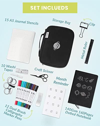 Dotted Journal Set with A5 140GSM No-Bleed Notebook, 15 Stencils, 12 Markers, 10 Roll Washi Tapes, Scissor, Organizer Bag and More, Journaling Kit for Diary Schedule -Black - Image 2