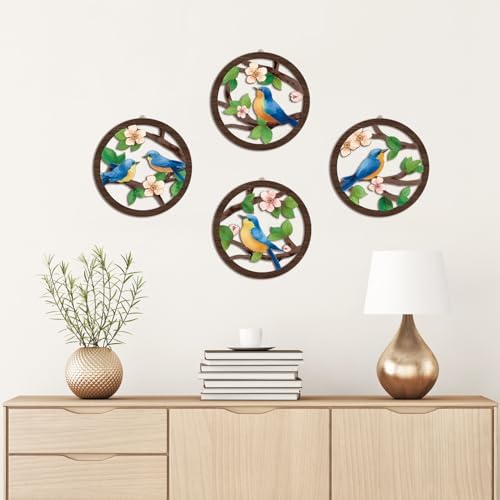 HPNIUB Bird on Birch Tree Branch Wall Decor, Modern Green Leaves Little Birds Laser Cut Artwork, 4 Pieces 10''x10'' Rustic Farmhouse Nature Animals Wall Hanging Plaque for Living Room Bedroom - Image 4