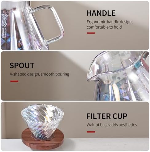 Bincoo Pour Over Coffee Maker&Dripper, Style Cone Filter + 600ml Glass Coffee Server, Manual Coffee Brewer Set, Reusable Coffee Filter Holder, Great Gift for Coffee Enthusiasts（Multicolor） - Image 6