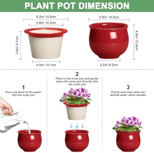 Ceramic Self Watering Planter, 6 Inch African Violet Pots with Absorbent Inner Pot, Round Self Watering Pots, Ceramic Flower Pot for Plants Indoor, Porch Decor, Plant Lover Gifts for Men, Red - Image 2