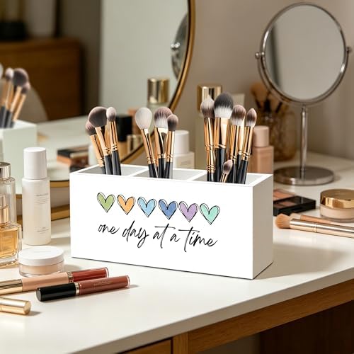 One Day At a Time Inspirational Mental Health Recovery Pen Pencil Holder Organizer for Home Therapy Office Desk Accessories, Motivational Self Love Wood Signs Makeup Brush Toothbrush Holder - Image 3