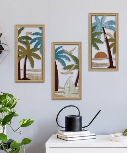 Putuo Decor Palm Tree Wall Decor Set of 3, Coastal Wall Decor, Boho Wall Art, Beach Themed Wooden Wall Plaque for Living Room Bedroom Bathroom - Image 5