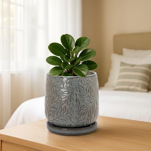 D'vine Dev Embossed Leaves Ceramic Planter, 4 in, Graphite Blue, 27-A-Z-9 - Image 2