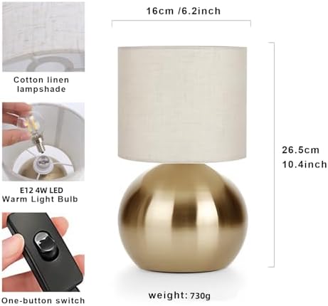 Modern Golden Small Table Lamp with Cotton Linen Shade, 6.2×6.2×10.4 inch LED Desk Light, One-Button Switch for Bedroom, Living Room, Nightstand, Includes Warm Light Bulb - Image 2