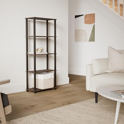 Furinno TURN-S-TUBE Book Shelf, 5-Tier Toolless Storage Shelves with Square Tubes, Shelving Unit for Organization and Storage for Living Room, Home Office, Walnut - Image 2