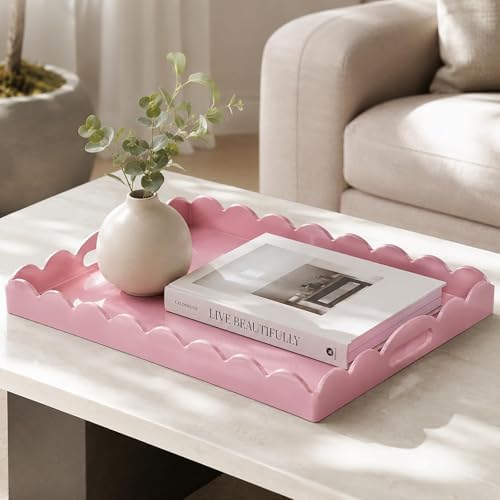 Gesodant Scalloped Glossy Plastic Lacquer Decorative Tray, 15.7 x 11.8 Inch Rectangle Serving Tray with Handles for Coffee Table, Ottoman, Bedroom Vanity, Living Room Centerpiece (Rectangle Pink) - Image 3