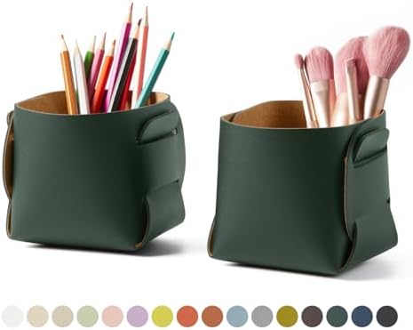 HOMIEAZICOZI 2-Pack Cork Leather Desk Accessories Storage - Pencil Pen Holder - Makeup Brush Holder Organizer - Stylish Addition to Home Decor (Dark Green) by HOMIEAZICOZI