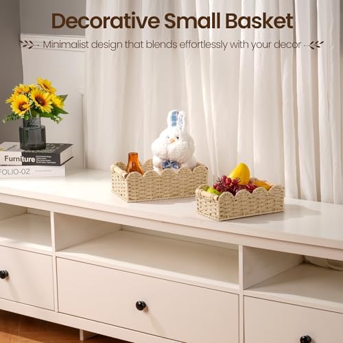 iEGrow Paper Rope Small Storage Baskets for Organizing, Set of 2 Scalloped Edge Wicker Basket with Wooden Handles Toilet Paper Basket for Over Toilet Storage Shelf, Home Decor, Living Room (Beige) - Image 7