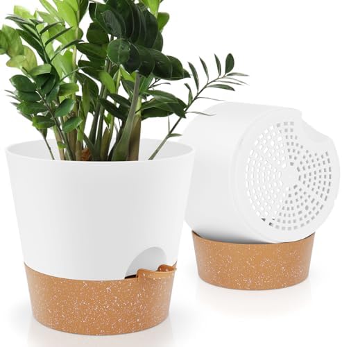 YNNICO 10 inch Plant Pots, Self-Watering Planters with Drainage Holes & Saucers for Indoor and Outdoor Plants (2-Pack,White by AFamilyofGardenLovers