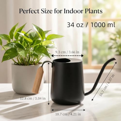 34oz Capacity, Indoor Plants Watering Can with Long Spout, Black Metal with Wood Handle (Black) - Image 2