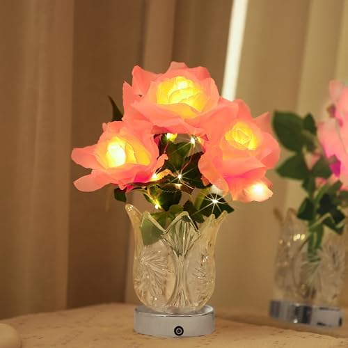 Artificial Pink Rose LED Lamp Night Light,Flower Lamp Gifts for Women Mom Grandma Girlfriend Friend Wife Birthday Christmas Valentines Mothers Day Anniversary, FLower Bedroom Bar Coffee Shop Decor by Hibeauti