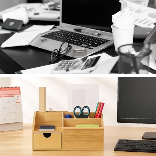 Relaxdays Desk Organiser with Drawer, 6 Compartments, Natural - Image 3