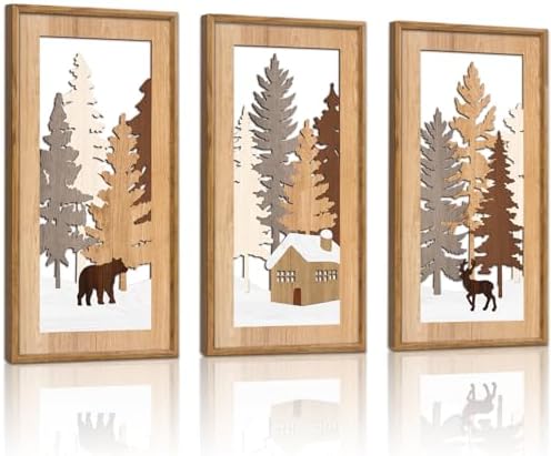 KAIRNE Winter Wooden Wall Art Set, 3pcs 8X16 Vintage Wood Wall Decor,Rustic Farmhouse Framed Wall Sculptures,Pine Deer Bear Wooden Hanging Decor for Living Room Bedroom Kitchen Office Decoration by KAIRNE