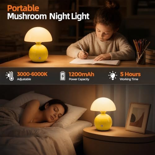 Senzoy Glass/Ceramic Mushroom Table Lamp, Yellow Bedside Night Lamp - Image 2