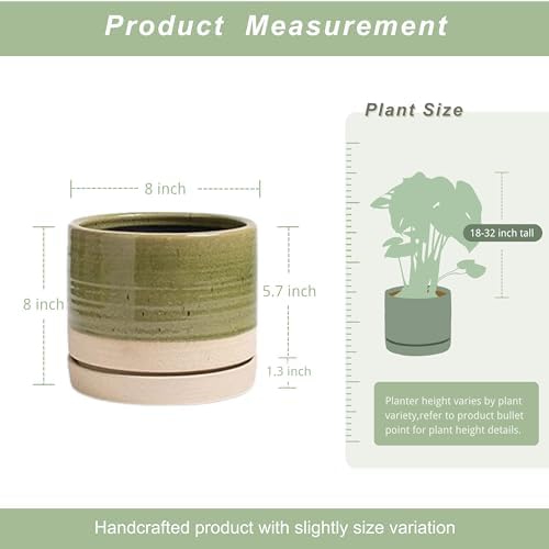 HERDUK 8 Inch Pots for Plants, Ceramic Planter Pot with Drainage Hole & Saucer, Indoor/Outdoor Cylinder Round Planter Pot, Green & Beige - Image 3