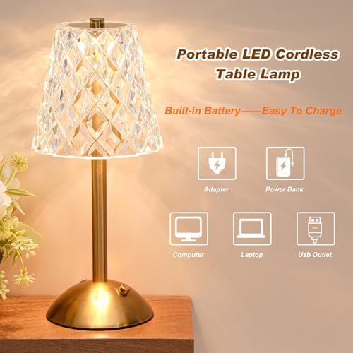 Liliful 4 Pcs Cordless Table Lamp LED Touch, Gold, Diamond Style - Image 3