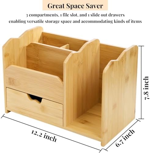 ZAVOOS Bamboo Desk Organizer with Drawer Pen Holder, 5 Compartments - Image 2