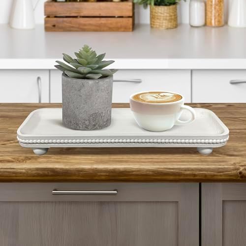 Dwellington Oval Wooden Decorative Tray, Farmhouse Style, Beaded Serving Tray for Living Room, Coffee Table (White) - Image 6