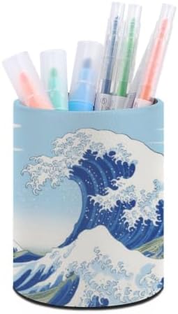 PU Leather Round Pencil Holder Japanese Wave Pen Holder by Unknown