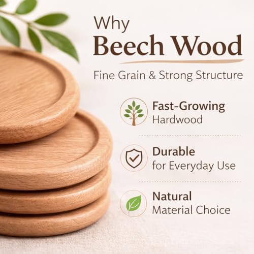 Beech Wood Coasters Set of 4, Natural Wooden Drink Coasters with Raised Edge, Protect Table from Spills & Scratches, Non-Slip, Minimal Style for Coffee Table - Image 5