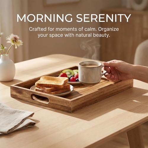 Krismax Wooden Serving Tray with Handles, Rustic Brown Rectangular Serving Platter 15.7x11.4 Inch for Coffee Table, Decorative Storage Tray - Image 4