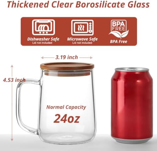 Large Glass Coffee Mugs, 24 oz Glass Coffee Cups with Acacia Wood Lids, Clear Borosilicate Glass Mugs with Handles for Cappuccino, Tea, Latte, Hot/Cold Beverages, Wine, Americano, Set of 2 - Image 2