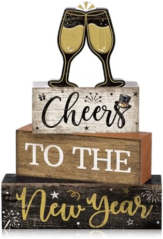 Moucuny 4 Pcs New Year Wooden Block Signs Farmhouse Table Centerpiece by Moucuny