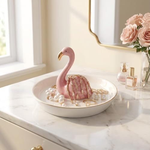 Flamingo Jewelry Holder & Ceramic Ring Dish – Pink Tropical Decor for Kitchen Sink or Vanity – Cute Engagement, Birthday, or Mother’s Day Gifts for Women & Girls – Gold-Rimmed Tray - Image 2
