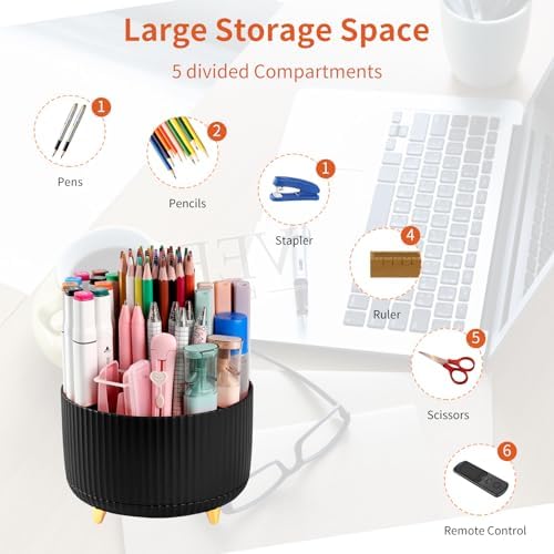Desk Pencil Pen Holder, 5 Slots 360°Degree Rotating Pen Organizers for Desk, Desktop Storage Stationery Supplies Organizer, Cute Pencil Cup Pot for Office, School, Home, Art Supply, Black - Image 3