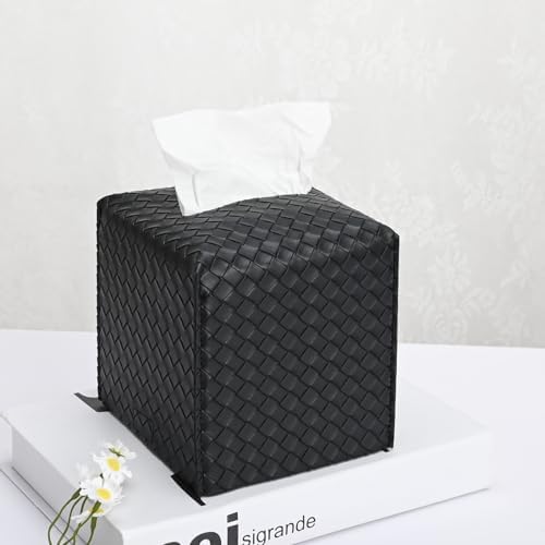 HOMOTEK 1 Pack Tissue Box Cover, Square PU Leather Tissue Holder, Decorative Facial Tissue Cube Paper Organizer Dispenser for Bathroom, Night Stands, Desk, Car 5X5X5'' - Woven Waffle,Dark Black by HOMOTEK