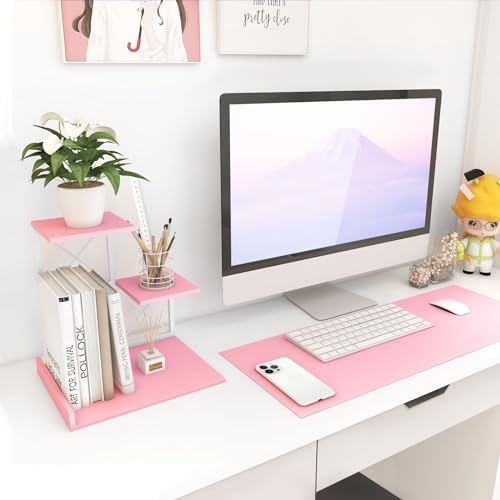 ELITEROO Desktop Shelf, Aesthetic Desk Organizer Table Top Mini Bookshelf, 3 Tier Wooden Desk Supplies Organizers and Storage Stand Cubicle Accessories for Women Office, Pink - Image 4