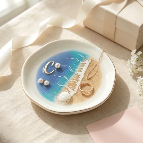 Ocean Wave Ring Dish Jewelry Tray – Handmade Resin Beach Jewelry Holder, Bridesmaid Proposal Wedding Anniversary Birthday Gift for Women, Coastal Decor Trinket Dish (C) by Unknown