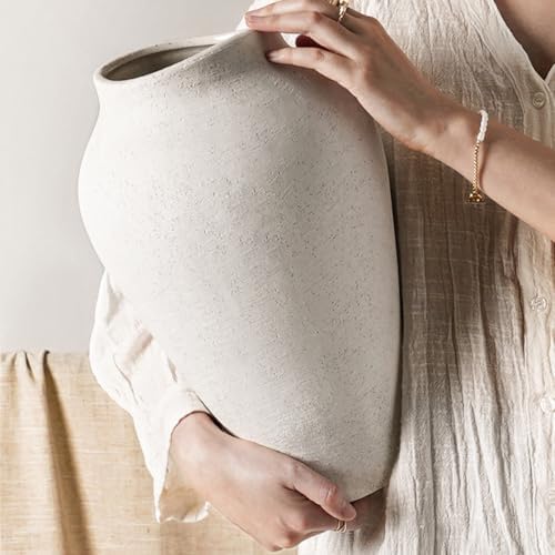 White Ceramic Vase - Large 13.6 Inch Tall Floor Vase for Centerpieces, Farmhouse Flower Vases, Rustic Minimalist Home Decor for Living Room, Enterway, Wedding (Sandstone White) by LETAUCIGARDEN