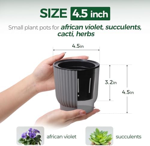 T4U Self Watering Pots for Indoor Plants, 4.5 Inch 6 Pack Planter Gray - Image 2