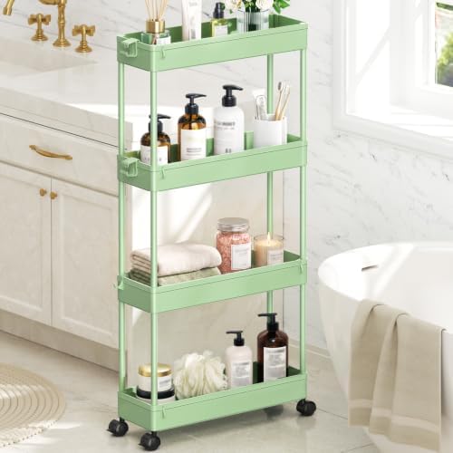 SPACEKEEPER Slim Rolling Storage Cart, 4 Tier Bathroom Cart Organizer,Green by SPACEKEEPER