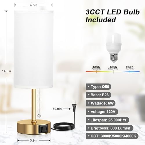 Gold Bedside Lamp for Bedroom Nightstand - Small Table Lamp with USB Ports - Image 7