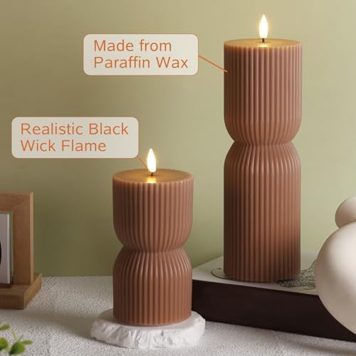Brown Ribbed Fall Flameless Pillar Candles with Remote Set of 2 - Image 6