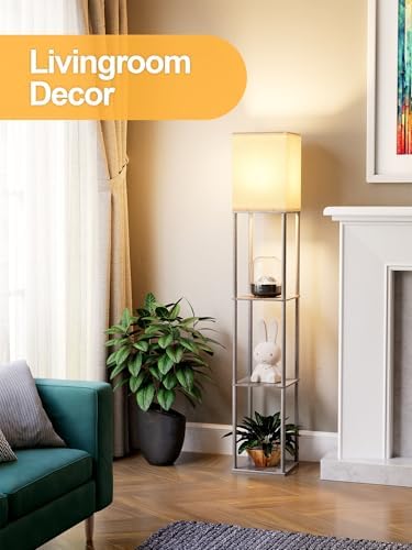 Floor Lamp with Shelves for Living Room Oak Gray, Shelf Floor Lamp with 3 CCT LED Bulb, Corner Display Standing Column Lamp Etagere Organizer Tower Nightstand with White Linen Shade for Bedroom Office - Image 6