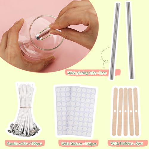 200pcs Natural Candle Wick kit,100pcs Wick Stickers with 5pcs Wick Holders and 2pcs Wick Placing Tube，for Soy Wax, Beeswax, Coconut Wax - DIY Candle Making Supplies for Beginners & Professionals - Image 2