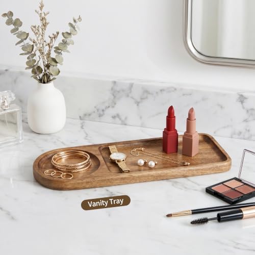 Small Wooden Tray | Acacia Wood Tray for Vanity, Bathroom Counter, Coffee Table & Toilet | Perfect for Jewelry, Remote, Snack| Mini Charcuterie Board Serving Platter (Rounded Rectangle 2-Compartment) - Image 6