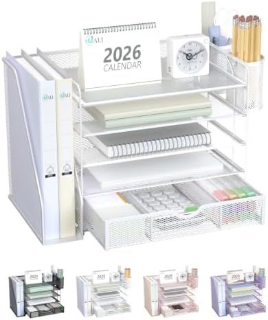 WALI Desk File Organizer, 5 Tier Desktop Paper Letter Tray Organizer with Drawer and 2 Pen Holders, Office Desk Accessories & Workspace Organizers for Office, Home Supplies(DO006DH-W), 1 Pack, White by WALI
